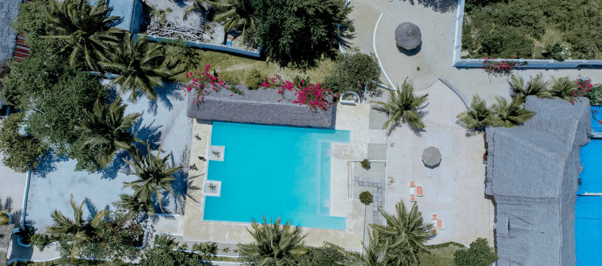 Aerial view of Pemba Paradise Beach Resort pool and palm gardens